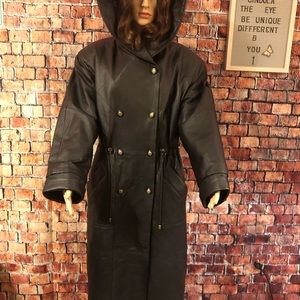 FASHION ELEMENTS FULL LENGTH LEATHER COAT ADJUSTABLE @ WAIST 2 POCKETS SZ S